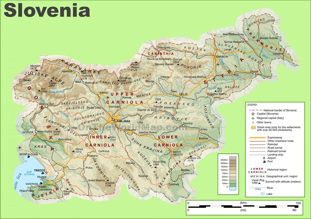 Карта Словеније физичке